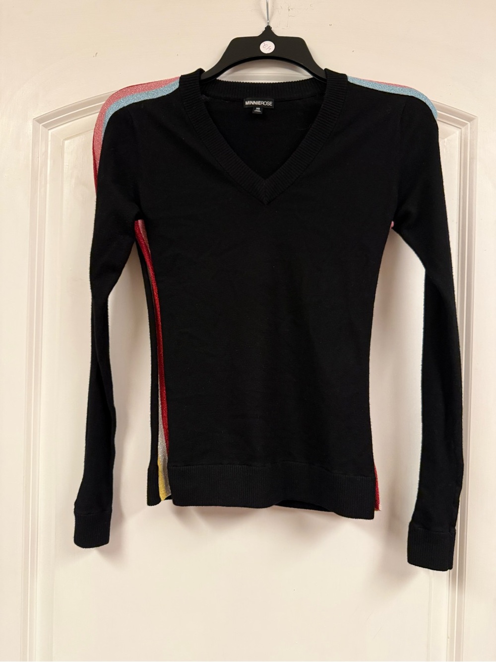 Minnie Rose XS Black V-Neck Sweater Metallic Rainbow Stripe Long Sleeve
